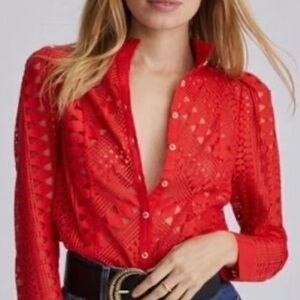 Anthropolgie Red Lace Button-Up Women's Top Size 2